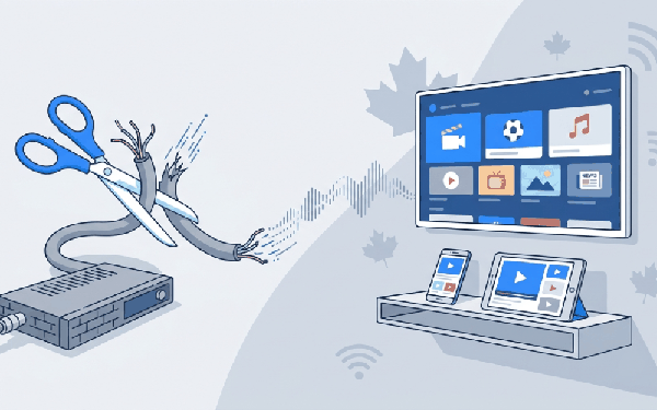Scissors cutting a coaxial cable beside a smart TV streaming, showing how to watch TV without cable in Canada