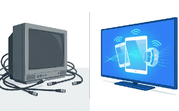 Old cable box compared with a modern Smartiflixtv streaming setup on a smart TV