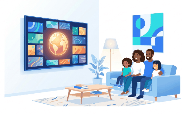 Multicultural Canadian family watching international Smartiflixtv channels from back home on a smart TV