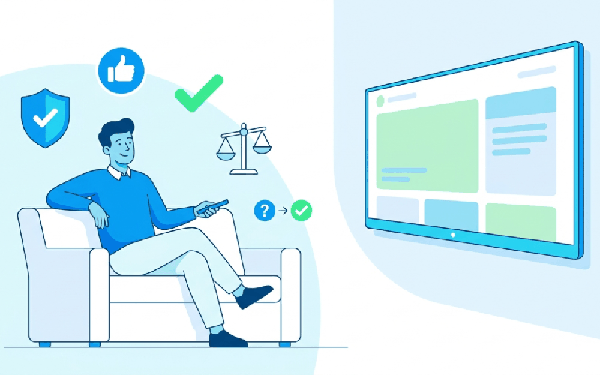 Canadian deciding if Smartiflixtv is worth it, with safety shield, checkmark and thumbs-up trust icons beside a smart TV