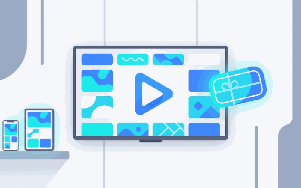 Smart TV with a glowing play button and a free-trial gift tag, streaming Smartiflixtv content in Canada