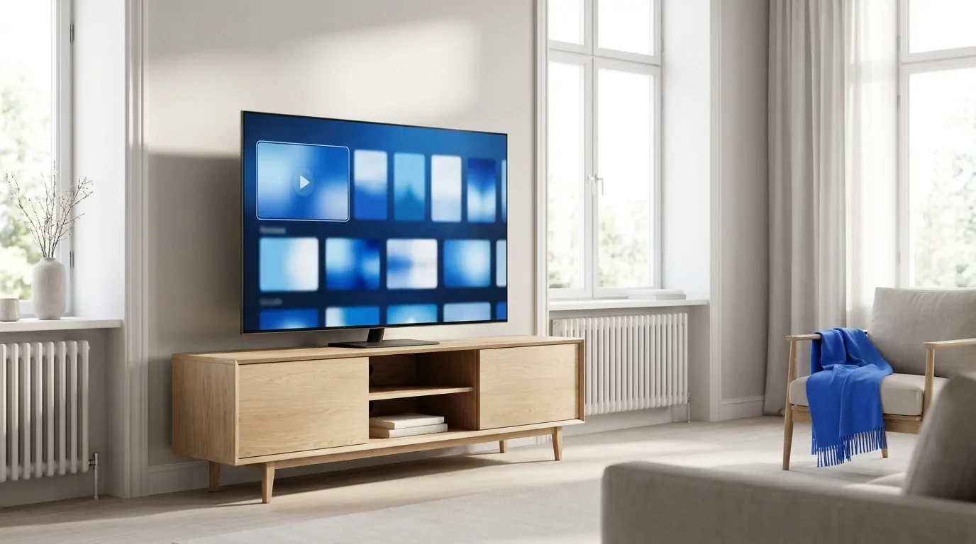 Smart TV in a bright Canadian living room showing an Smartiflixtv streaming interface during a free trial