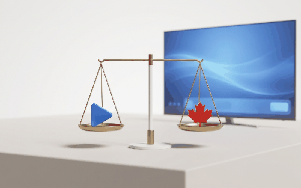 Justice scale weighing a play button and a maple leaf, showing whether Smartiflixtv is legal in Canada