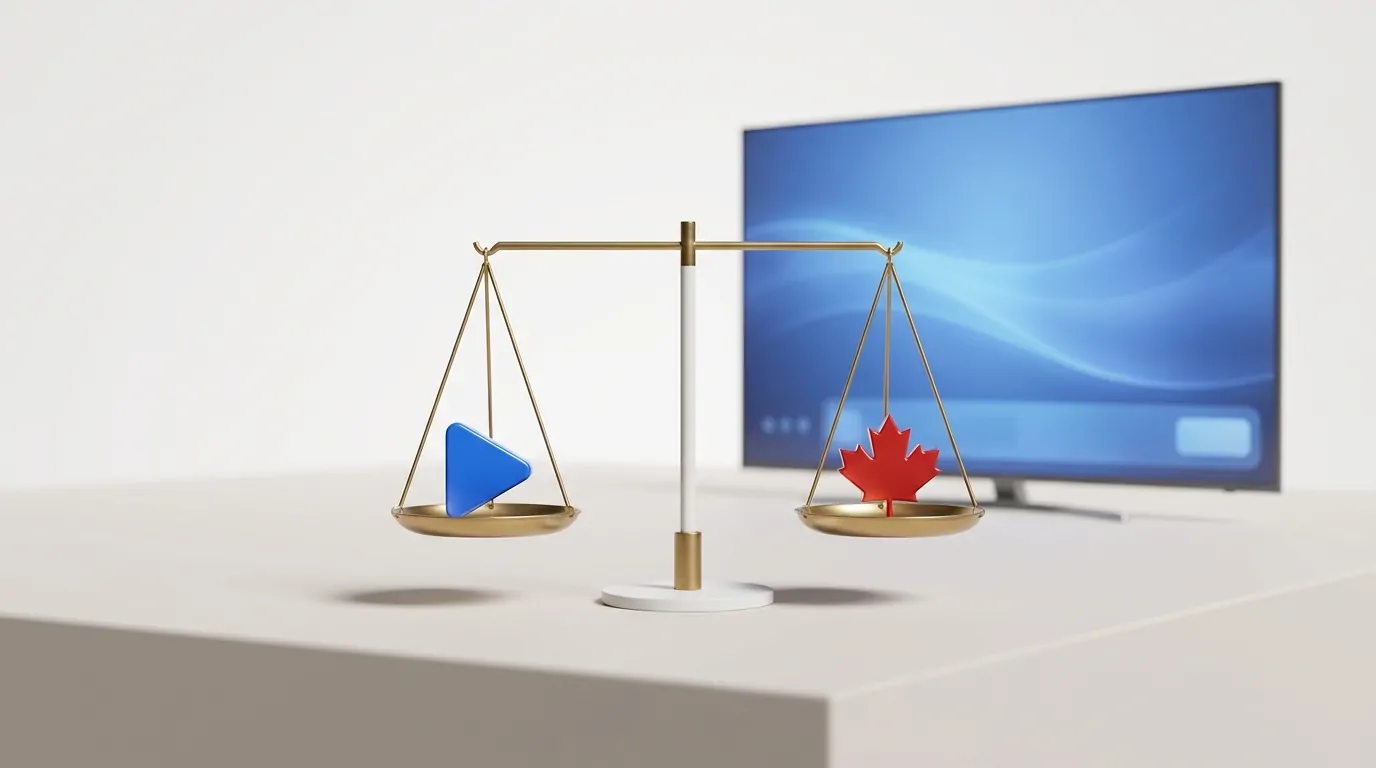 Justice scale weighing a play button and a maple leaf, showing whether Smartiflixtv is legal in Canada